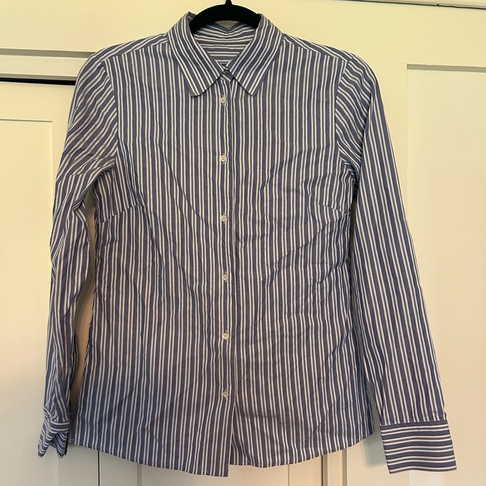 Luciano Barbera Italian Designer Women's Blue and White Stripe Button Down Shirt